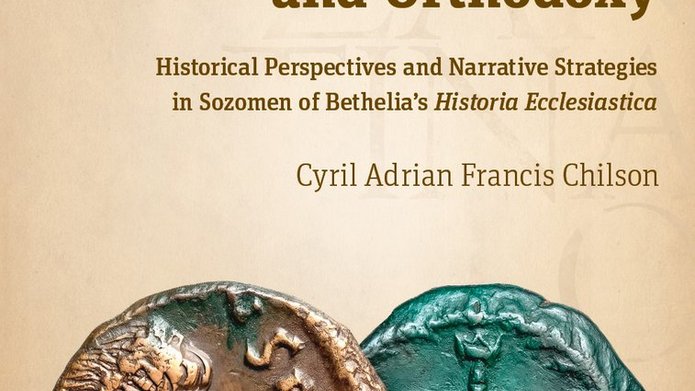 Okładka książki „Between Authority and Orthodoxy” Cyrila Adriana Francisa Chilsona, z wizerunkiem starożytnej monety z profilem władcy i zielonej pieczęci z krzyżem na tle przypominającym pergamin.